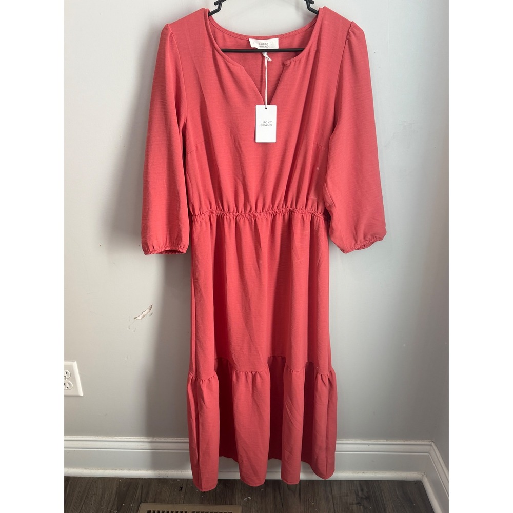 Lucky Brand Dress Womens Medium Dusty Cedar Pink Boho Midi Balloon Sleeve NWT
